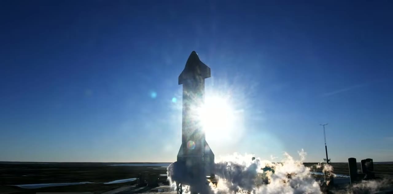 Starship SN8 on the pad backlit by the sun with white LOX vapor clouds