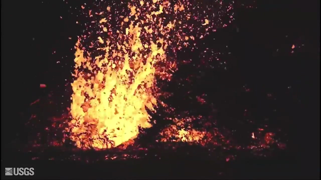 Night lava fountain spraying molten rock from Kīlauea’s crater