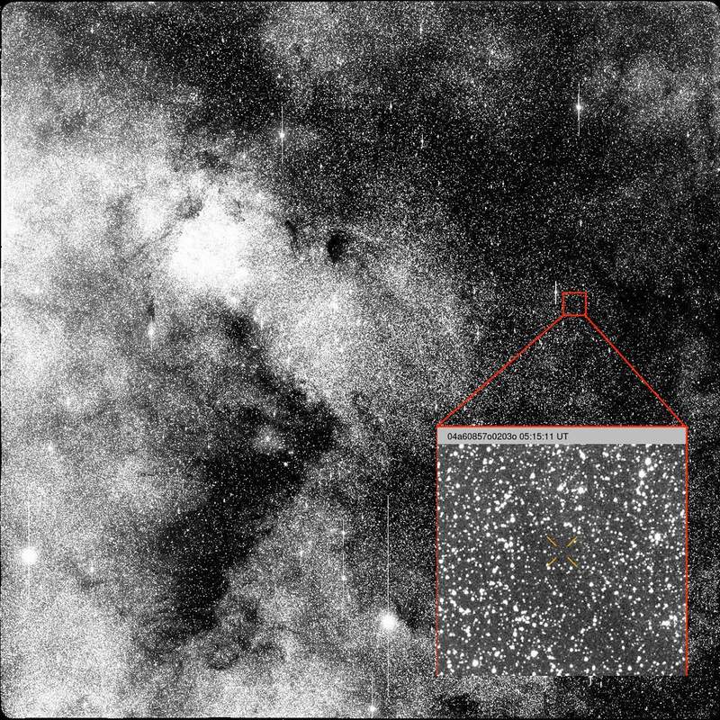 ATLAS survey discovery image of interstellar comet 3I/ATLAS against a dense Milky Way star field