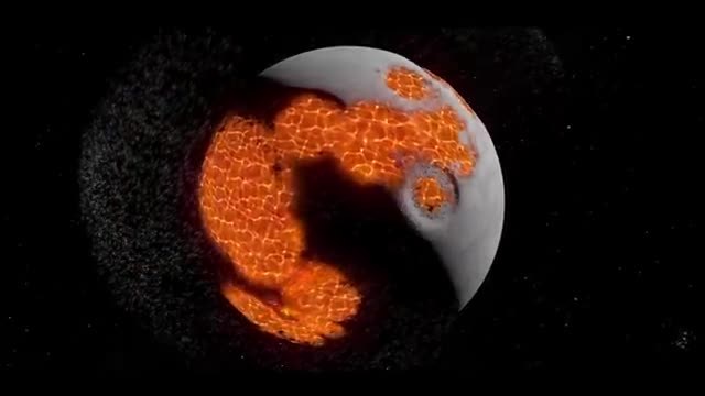 A partly molten Moon with glowing orange crust beside a dark debris cloud