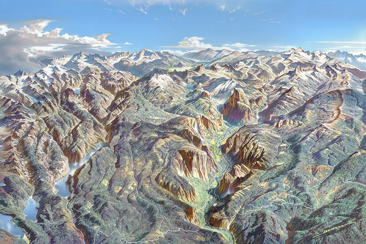 Painted panorama map of Yosemite National Park