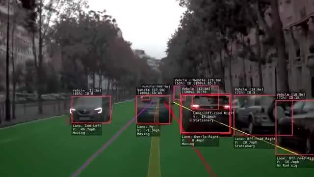 Road view with boxes and labels marking vehicles, lanes, and speeds from a self-driving perception system