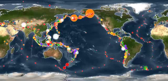 World map dotted with twentieth-century earthquakes along plate boundaries