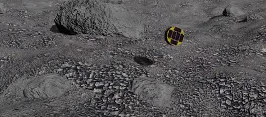 A small hopping rover on the rocky surface of an asteroid.