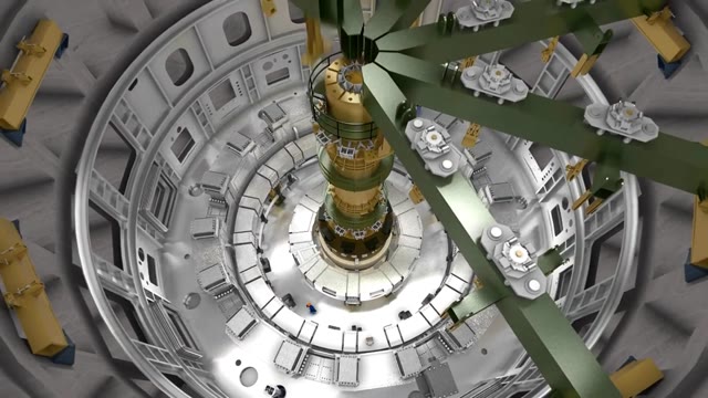 Cutaway of a tokamak with magnets around a central column