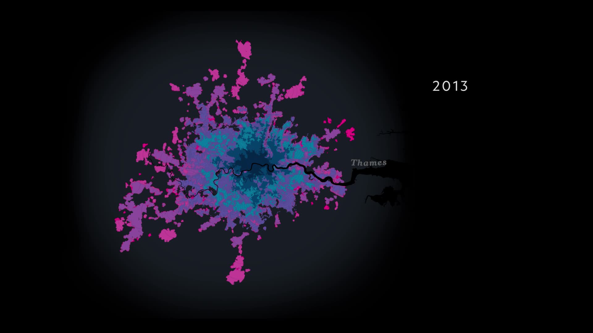 Map of London's growth along the Thames, colored through 2013