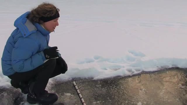 A researcher kneeling beside an open hole in lake ice.