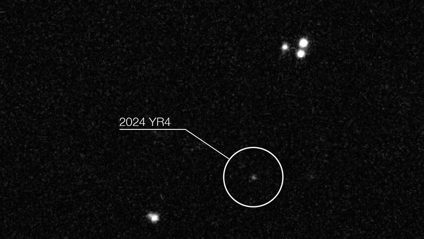 Asteroid 2024 YR4, circled, as a faint dot among stars, seen by ESO's Very Large Telescope in January 2025