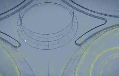 A wireframe model of a round cup holder with curved arms.