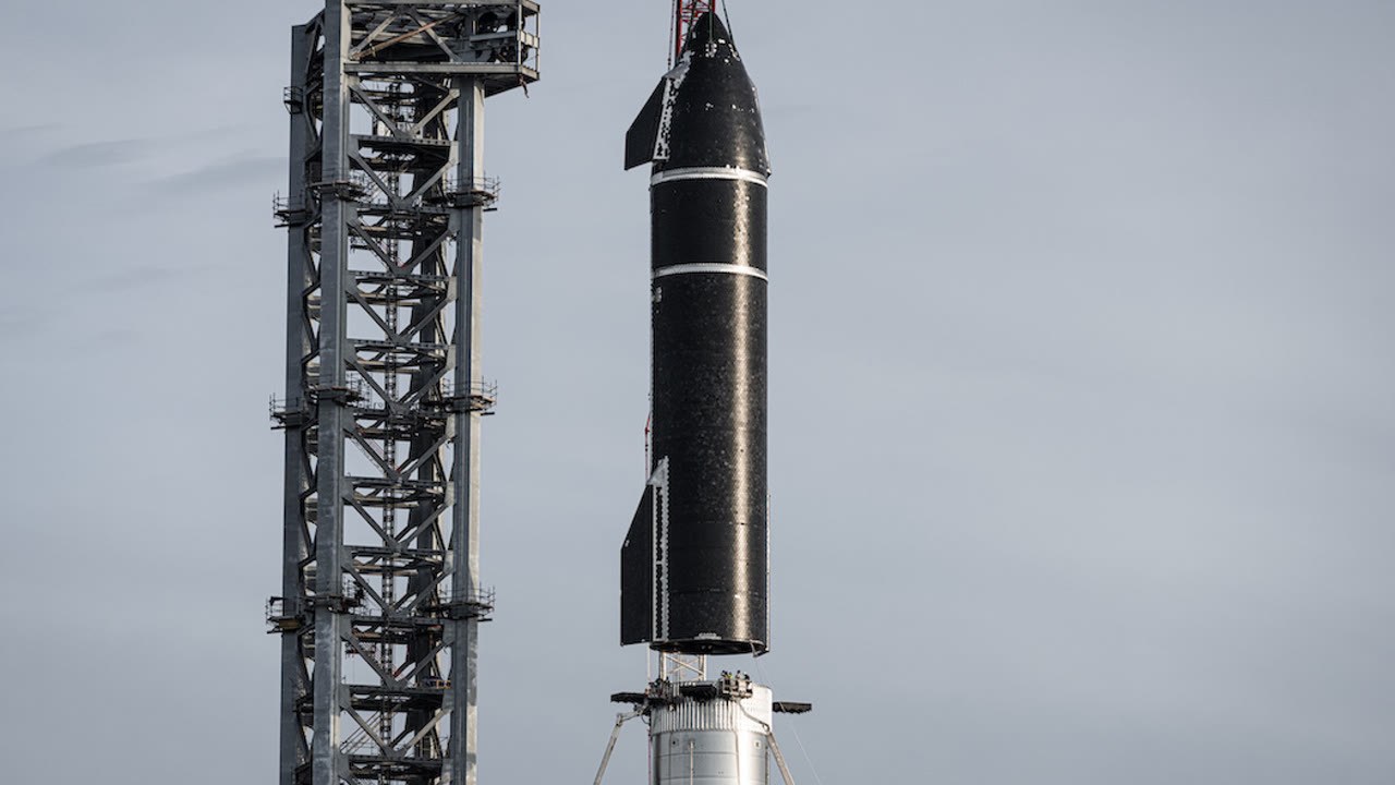 SpaceX Super Heavy booster stacked at Starbase orbital launch mount