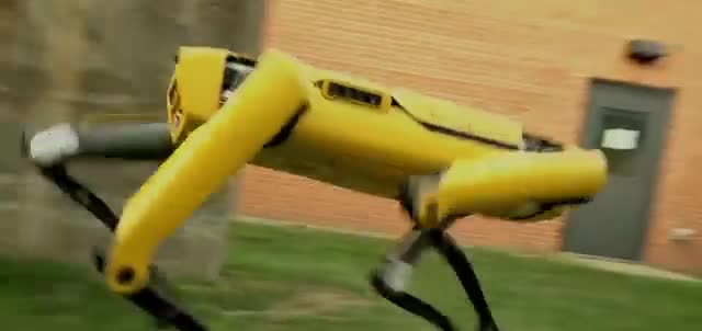 A yellow quadruped robot running
