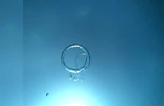 Two bubble rings meeting in blue water, one passing through the other.