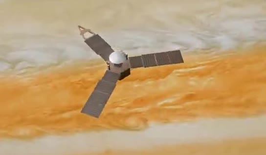 A probe with three panels over orange clouds.