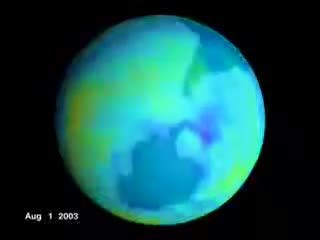 Earth with a purple ozone hole over the south.