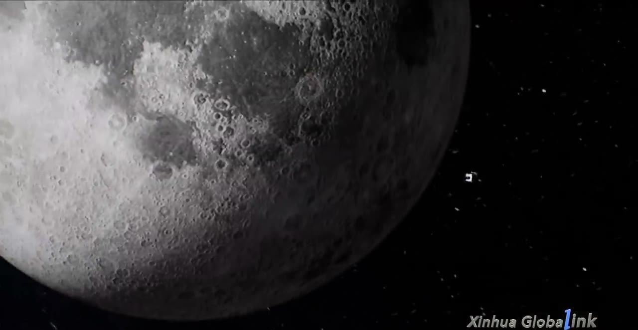 Craters on the Moon with a small spacecraft silhouette in the blackness