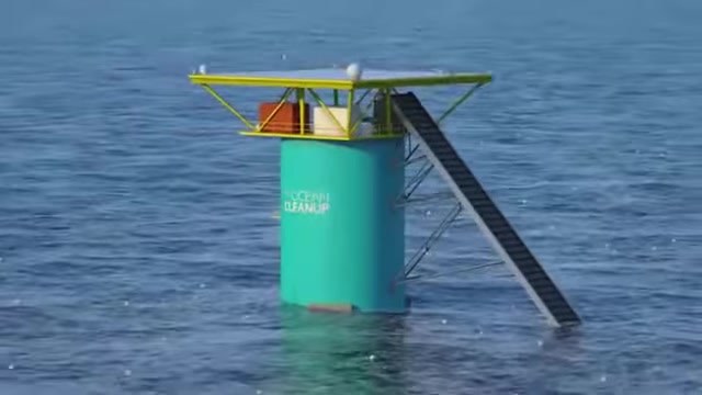 Concept render of an Ocean Cleanup collection platform floating at sea