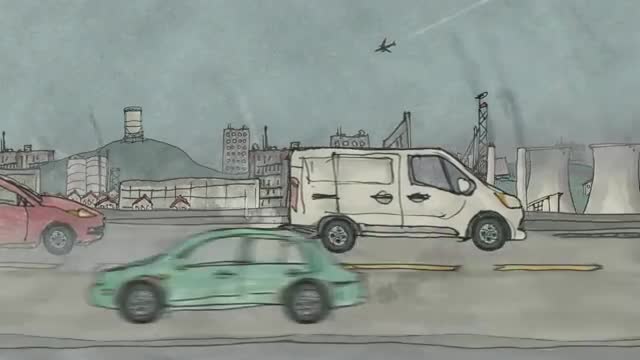 Cartoon of traffic, smokestacks, and cooling towers under a gray sky