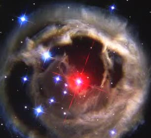 A glowing shell of gas around a bright star.