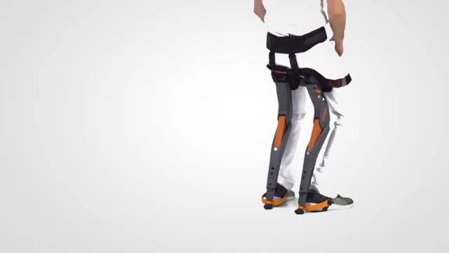 A wearable leg brace on a standing person.