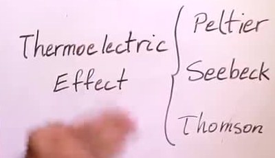 A board listing the Peltier, Seebeck, and Thomson thermoelectric effects.