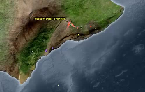 A map of earthquake dots along a volcanic coast.