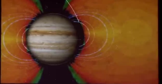 Jupiter with looping field lines and orange auroral glows at the poles.