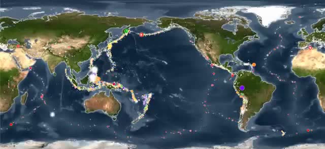 A world map dotted with earthquake locations