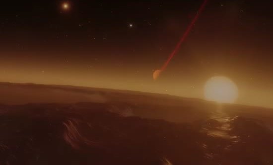 Rocky exoplanet with a red flare above a glowing horizon