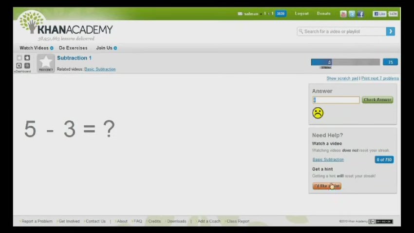 Khan Academy practice exercise screen shown in Sal Khan's TED talk