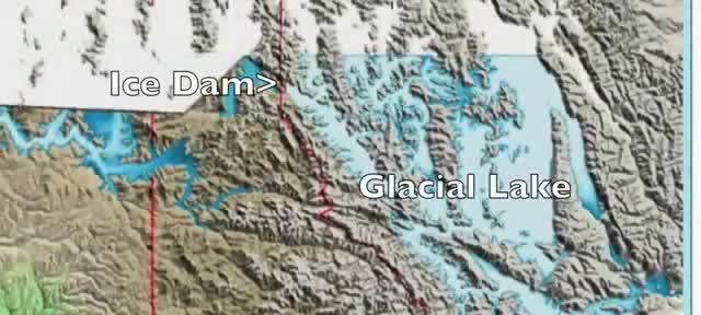 A relief map labeled with an ice dam and a glacial lake.