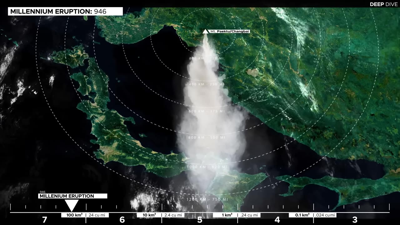 Satellite view of a white volcanic ash plume streaming from an island volcano