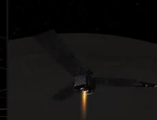 A spacecraft firing a small engine above a pale curved horizon.