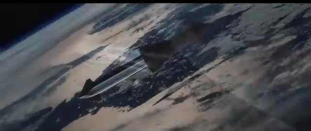 A dark spacecraft belly above cloud-streaked Earth.