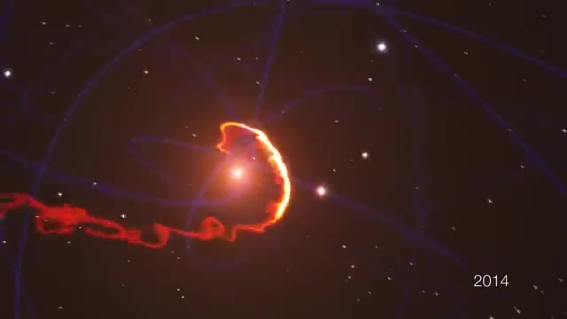 A glowing gas stream being pulled around a bright source at the galactic centre in 2014
