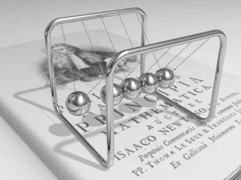 A Newton's cradle with steel balls in motion
