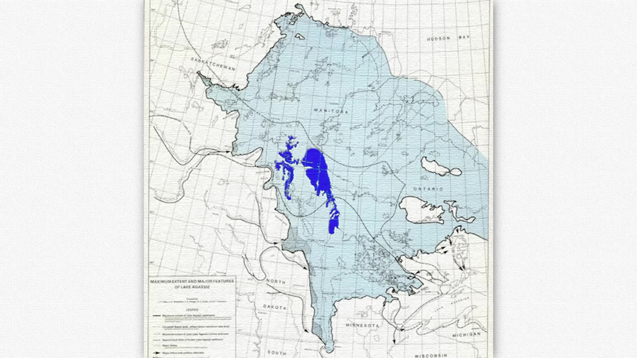 Map of glacial Lake Agassiz maximum extent across central North America