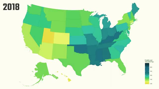 A 2018 map of the United States colored by cancer deaths per 100,000 people.