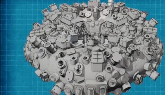 Grey computer model of a donut-shaped fusion device covered in ports and coils