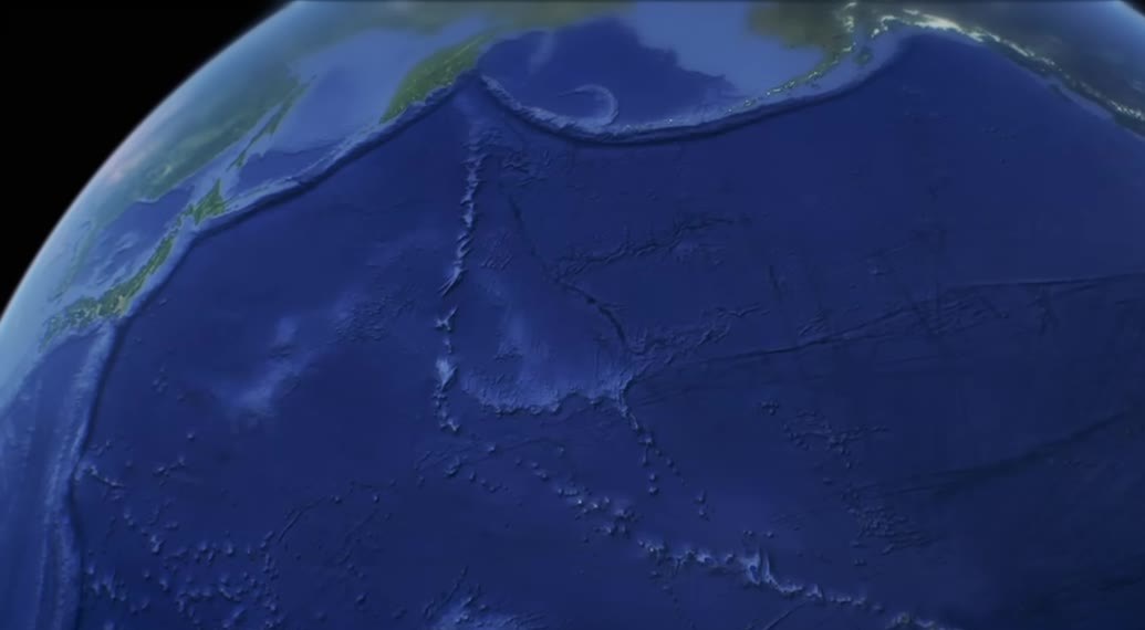 Pacific seafloor bathymetry showing ridges, trenches, and seamount chains