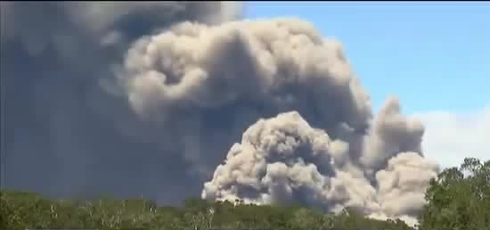 A tall ash plume over a forest.