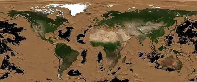 World map with the oceans removed, showing mid-ocean ridges and seafloor basins beside the continents.