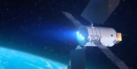 A spacecraft firing a blue ion plume