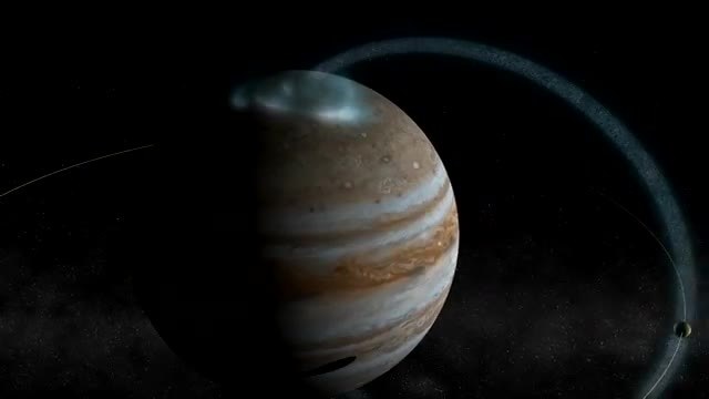 Jupiter with a bright polar aurora and a small moon on a thin orbital path.