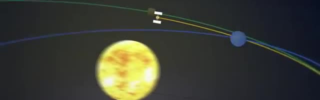 A spacecraft on a path leaving the Sun toward a small body.