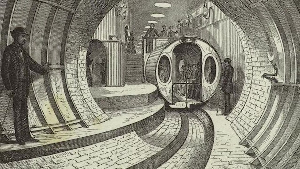 Historical engraving of a pneumatic tube passenger car in a brick tunnel