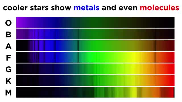 Spectra of star classes O through M, from hot blue stars to cool red stars