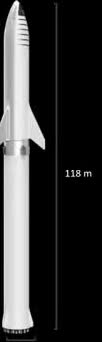 A white rocket marked 118 meters tall.
