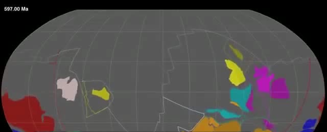 A plate-tectonic map marked 597 million years ago