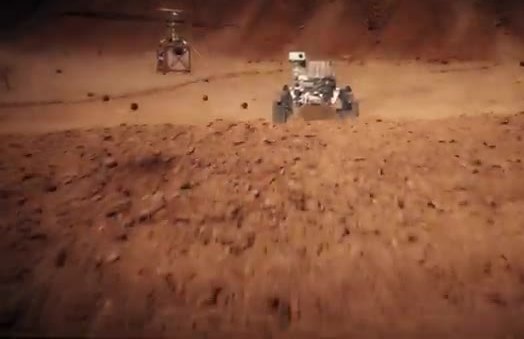 Ingenuity helicopter beside the Perseverance rover on rusty ground