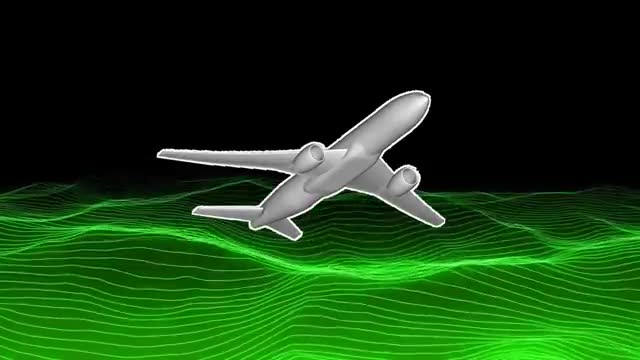A computer model of an airplane over a green flow field